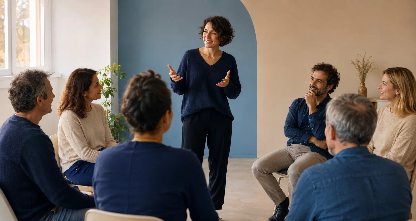 Un groupe encourage une participante pendant un atelier d’expression orale